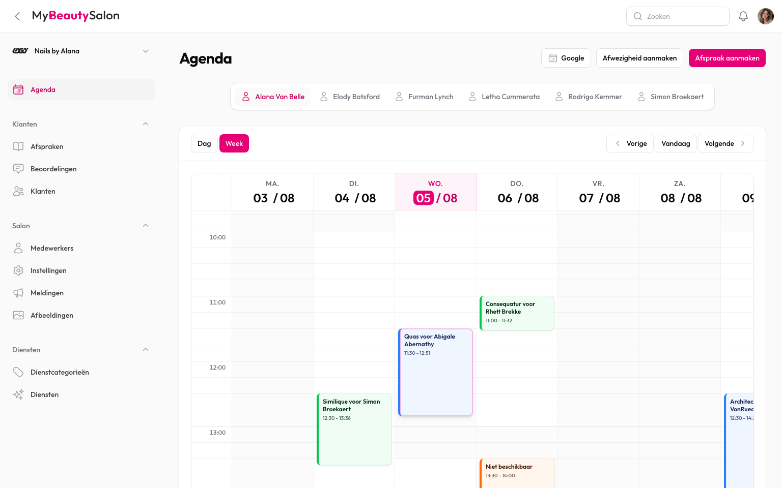 The My Beauty Salon agenda shown on desktop and mobile.