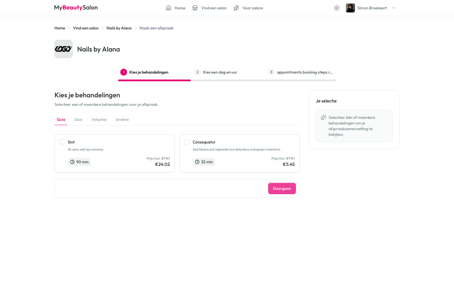 A client choosing a beauty treatment in the My Beauty Salon booking flow.