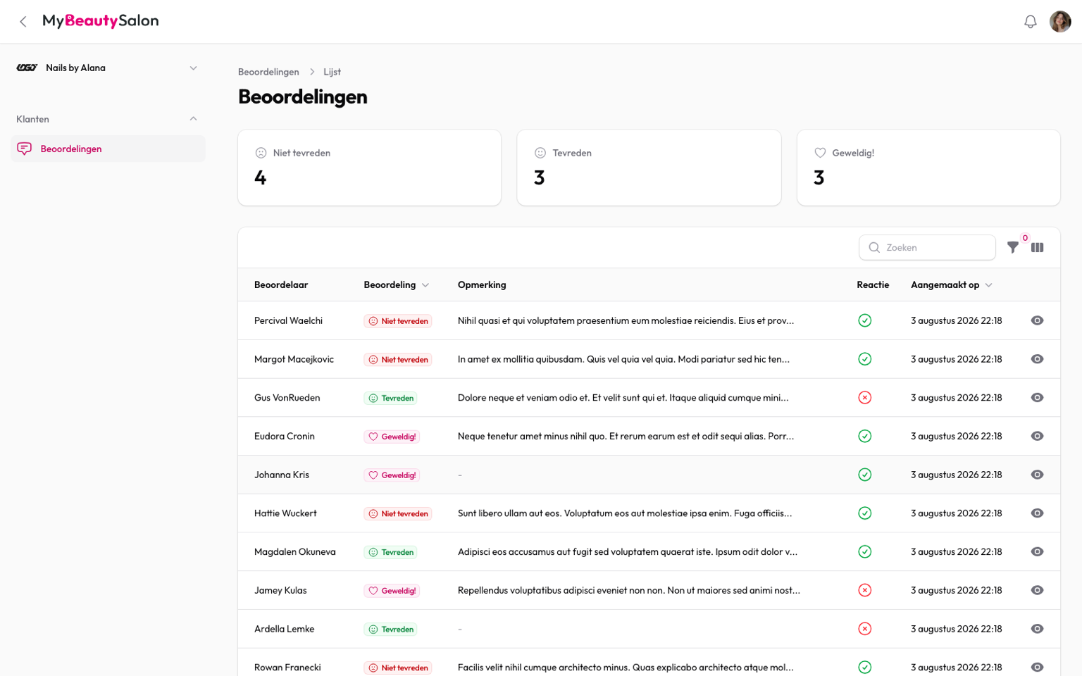 My Beauty Salon review management screen with client feedback.